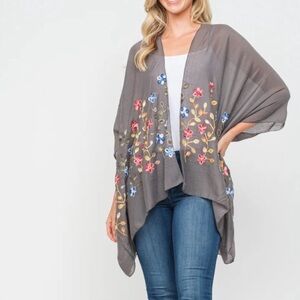 New Floral Embroidered Gray blue yellow orange Kimono scarf shawl